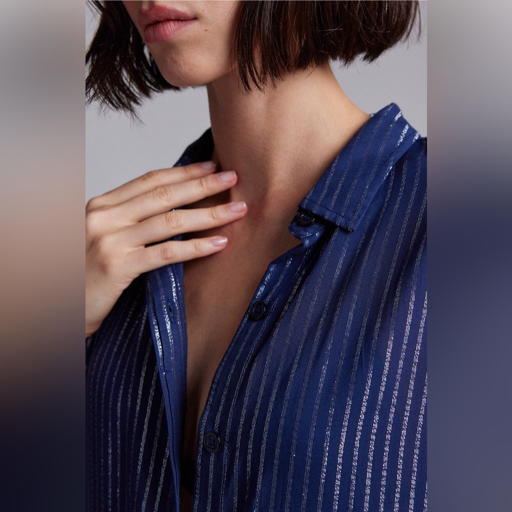 Wildfang Empower Pinstripe midi shirt dress blue silver stripe short sleeve M - Picture 5 of 16